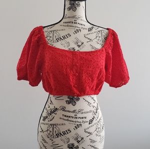 Red eyelet off the shoulder crop top